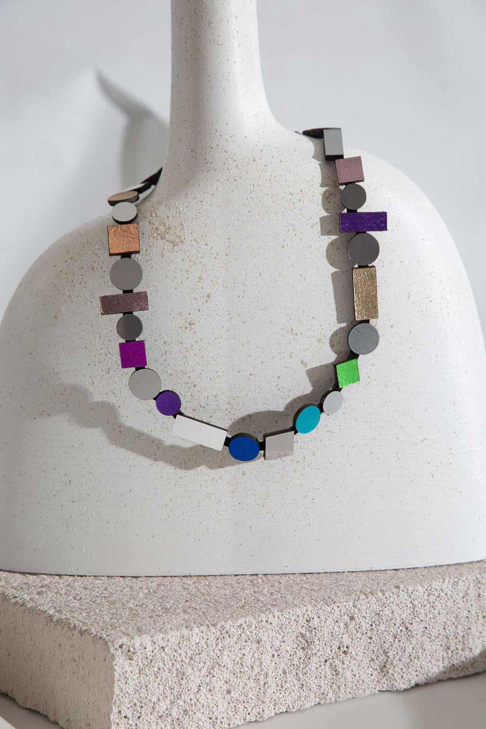 Iskin Sisters Bauhaus collection round bib necklace in rainbow acrylic, handmade jewelry, Argentina