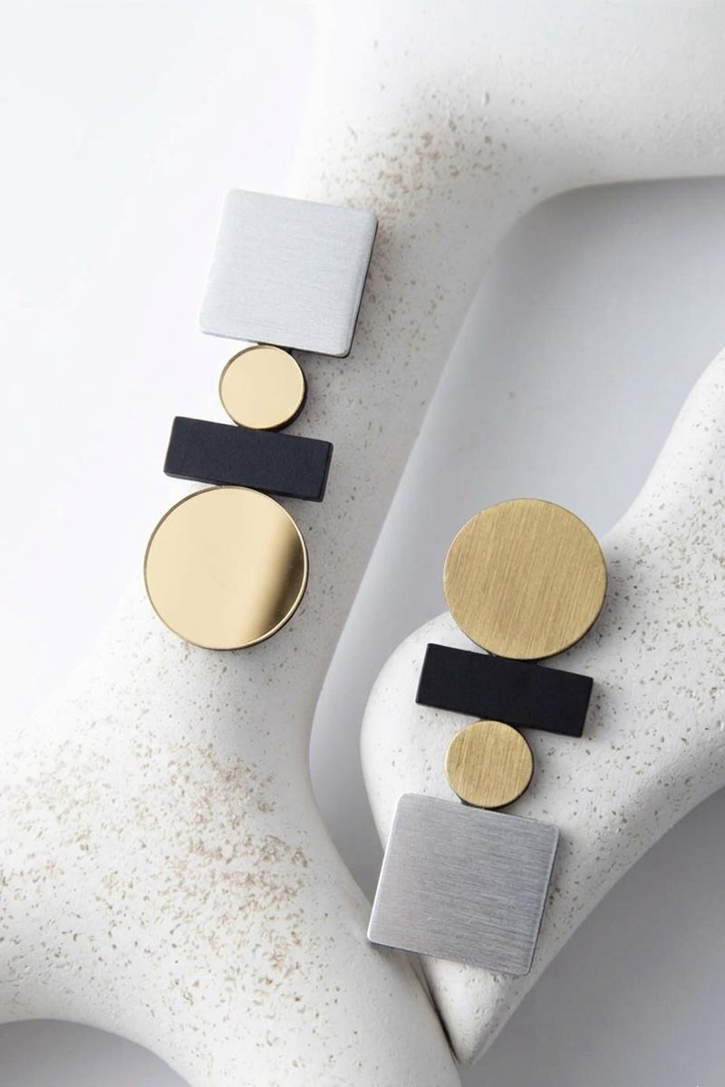 Bauhaus large clip-on earrings in silver, black and gold acrylic squares by Iskin Sisters