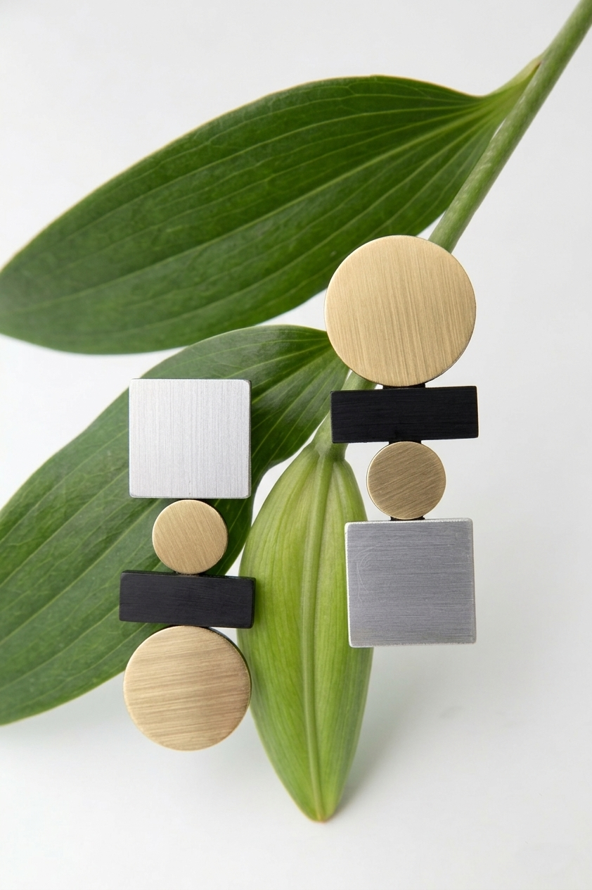 Bauhaus large square clip-on earrings in metallic acrylic, statement design by Iskin Sisters
