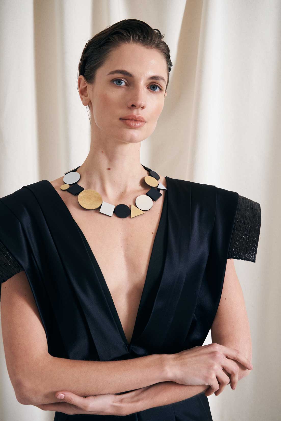 Silver, black and gold geometric acrylic necklace from the Bauhaus collection by Iskin Sisters