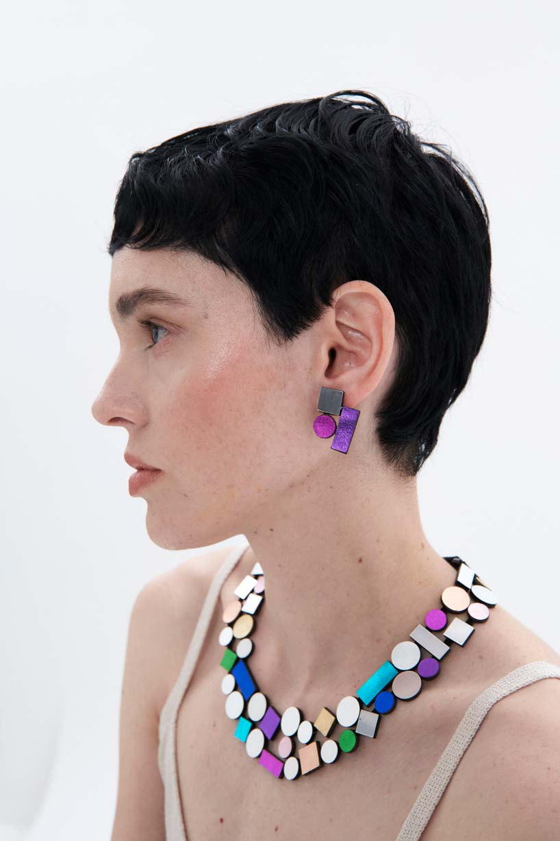 Iskin Sisters Bauhaus collection double layer round necklace in silver and multicolor acrylic