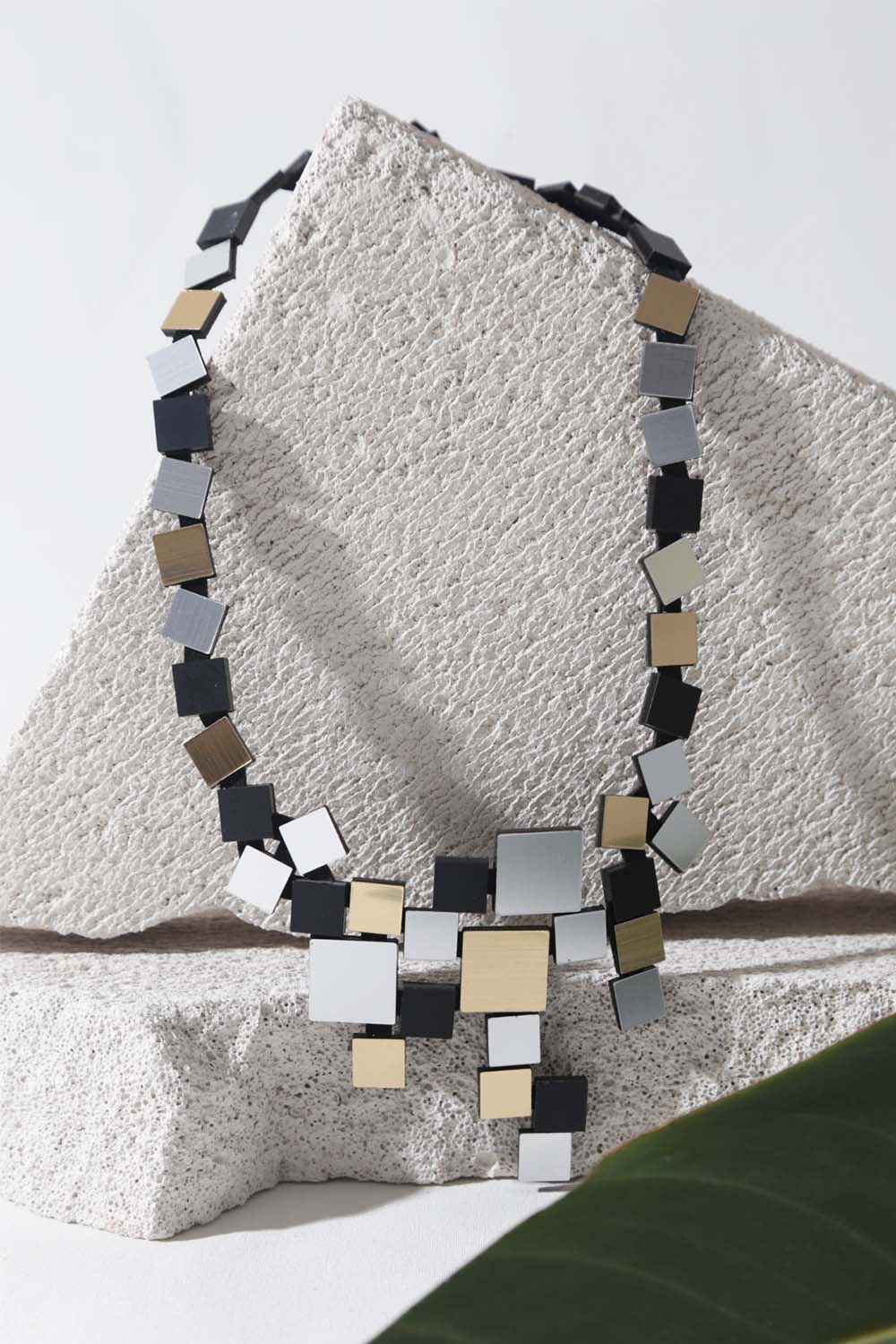 Bauhaus V Necklace Squares by Iskin Sisters in silver, black and gold acrylic with leather