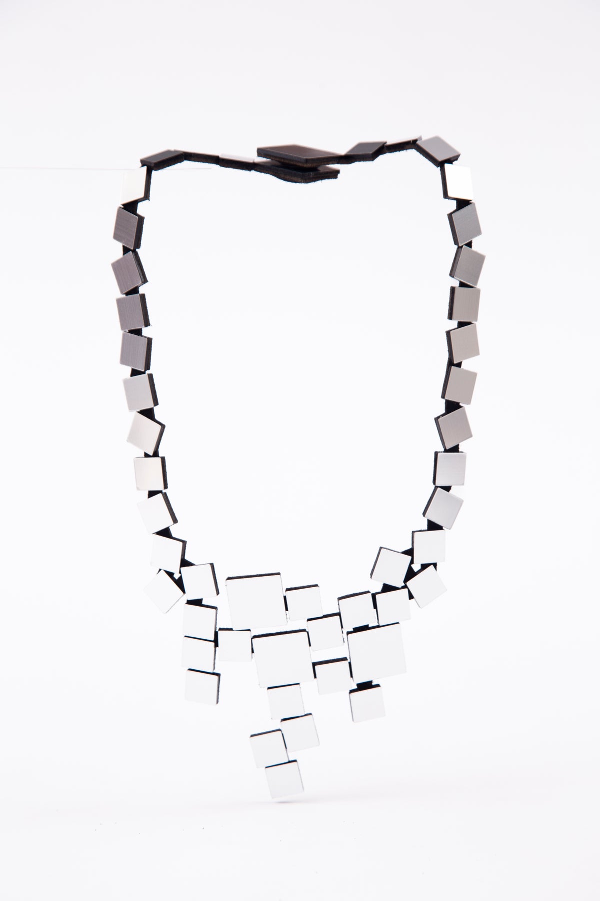 Iskin Sisters Bauhaus collection V-shaped necklace with silver acrylic squares, handmade jewelry