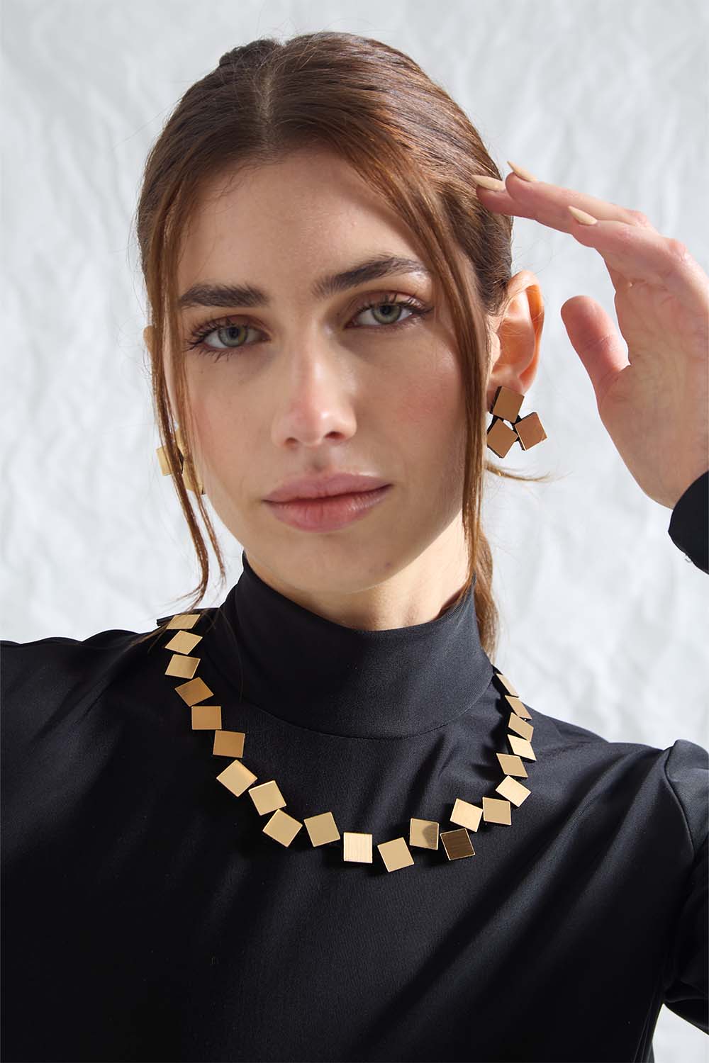 Gold acrylic square-linked round bib necklace from the Bauhaus collection by Iskin Sisters