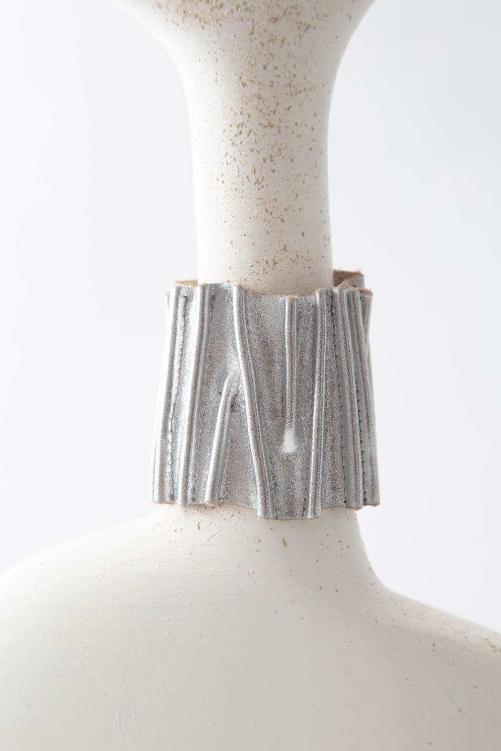 Iskin Sisters Bauhaus collection stitch cuff bracelet in silver acrylic, handmade contemporary jewelry