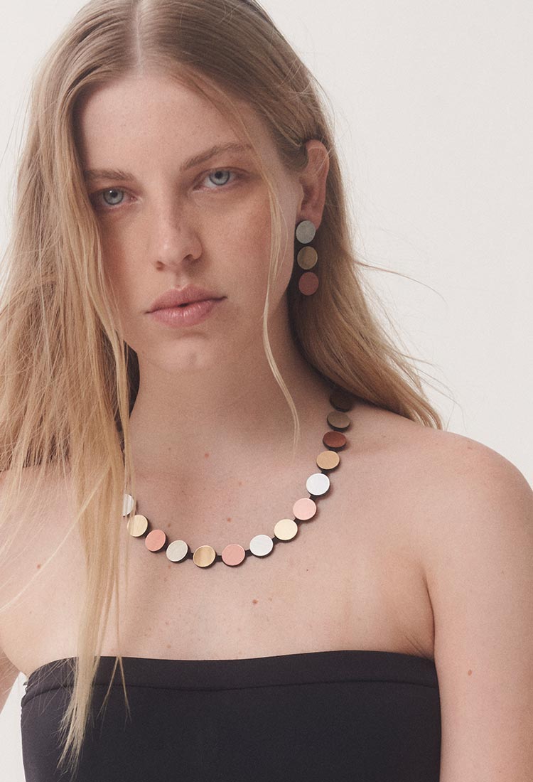 Abstraction Necklace Simple Strand by Iskin Sisters in silver, gold and rose gold metallic acrylic