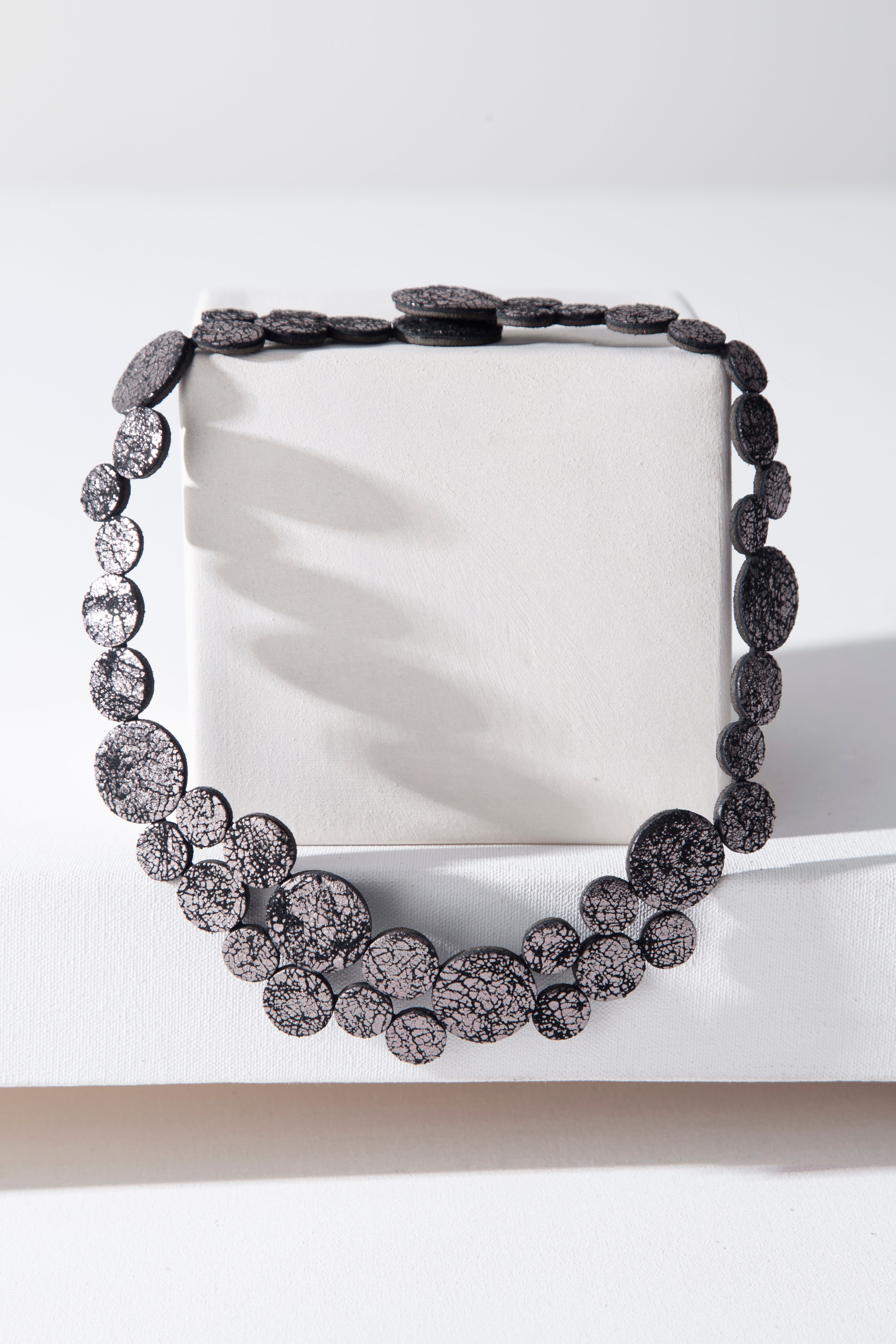 Iskin Sisters Abstraction collection small necklace in crackled pewter leather, handmade jewelry