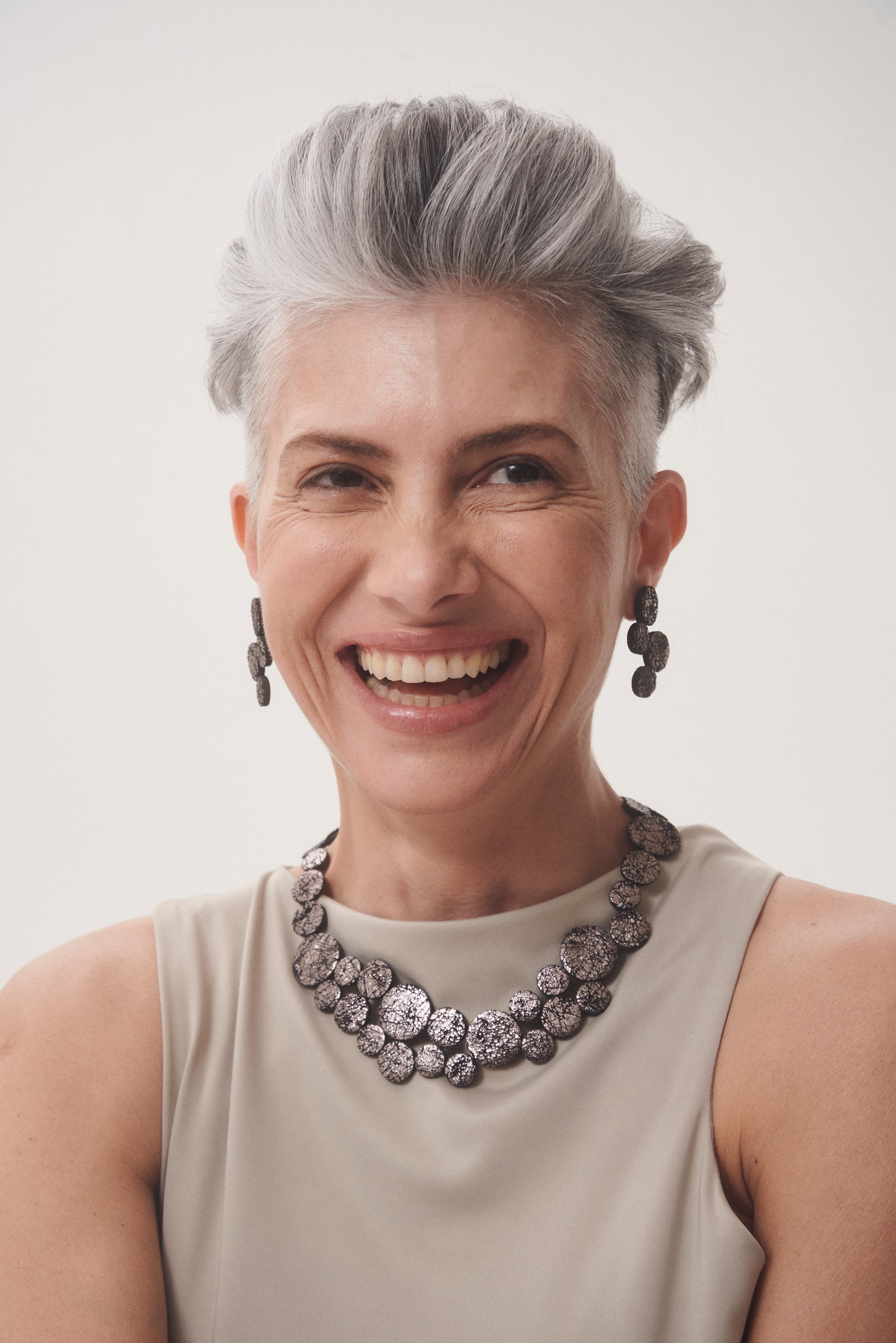 Abstraction Necklace Small by Iskin Sisters in crackled pewter hand-cut leather and acrylic