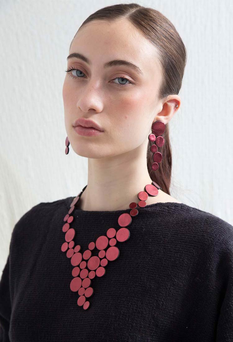 Burgundy leather V-shaped bib necklace with magnetic clasp, contemporary jewelry