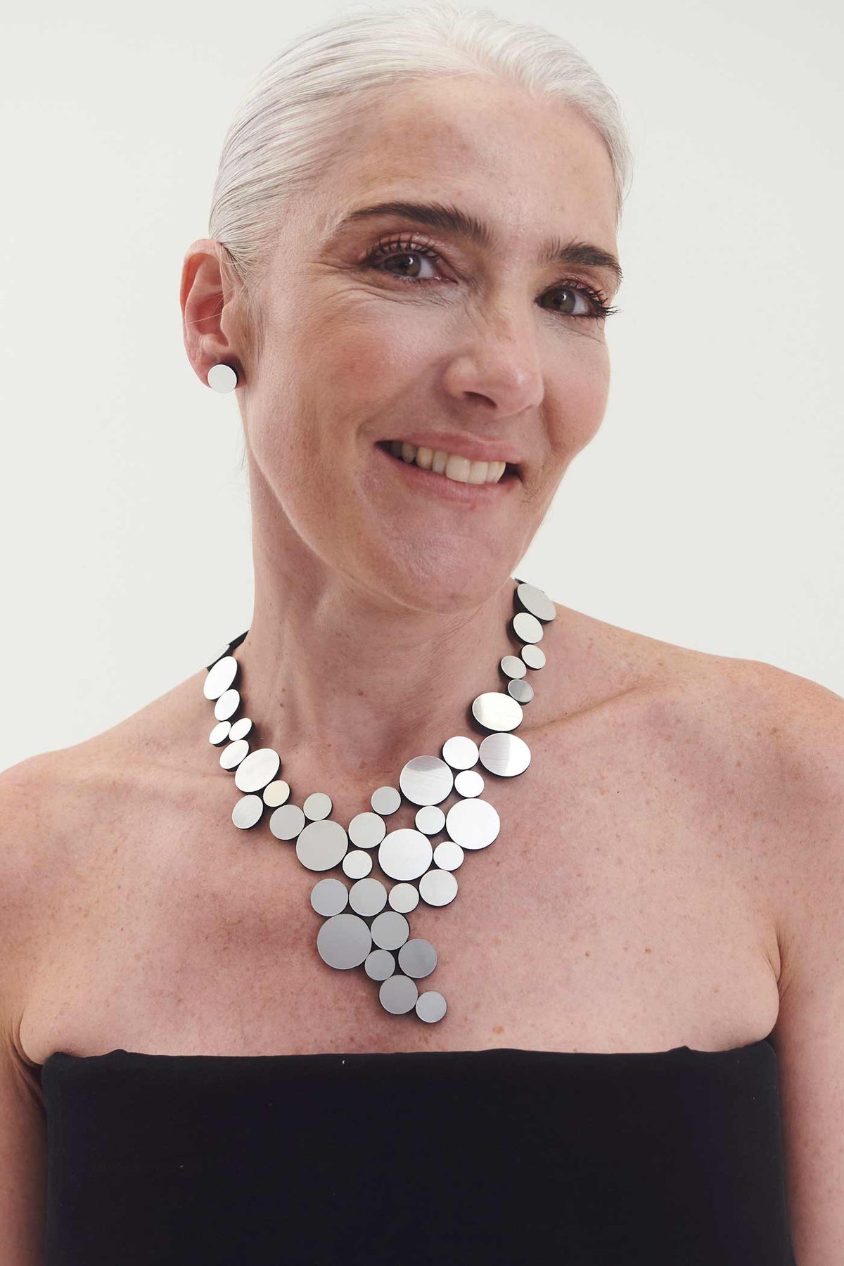 Mirrored silver acrylic bib necklace with magnetic clasp, Iskin Sisters