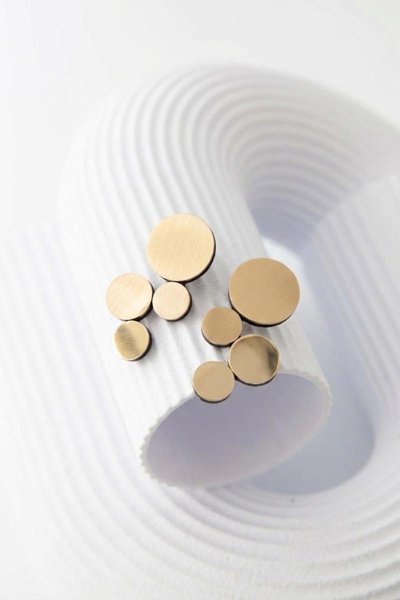 Small gold Abstraction clip-on earrings in mirrored acrylic, contemporary jewelry by Iskin Sisters