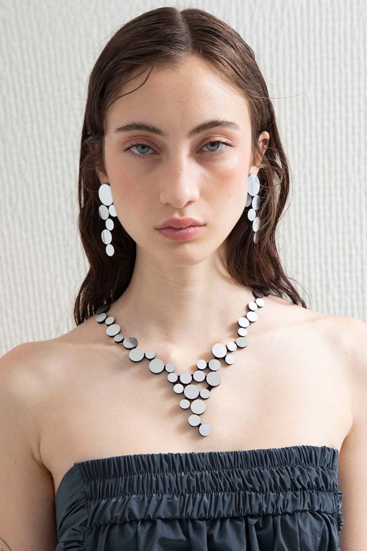 Handmade large statement earrings in silver acrylic, Abstraction collection by Iskin Sisters