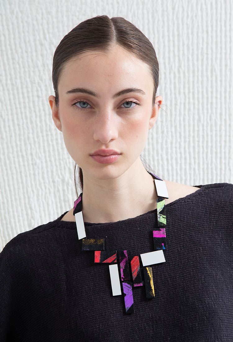 Silver, black and rainbow acrylic statement necklace from the Klee collection by Iskin Sisters