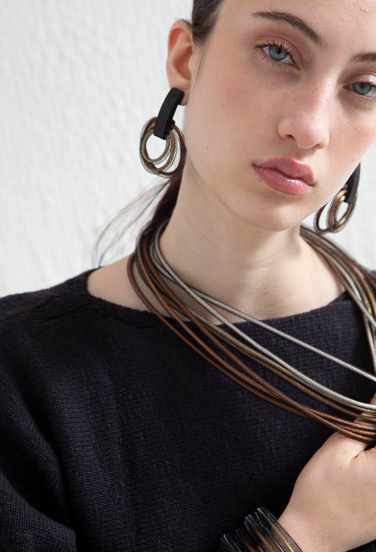 Iskin Sisters Life collection round bib necklace in metallic cord, handmade contemporary jewelry