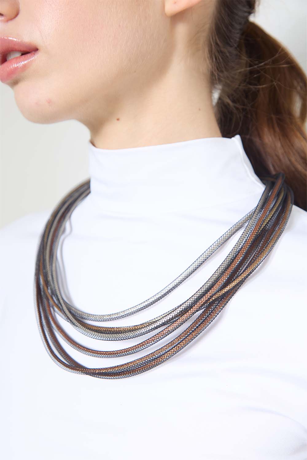 Handmade Life round necklace in metallic cord, lightweight slow-fashion design by Iskin Sisters