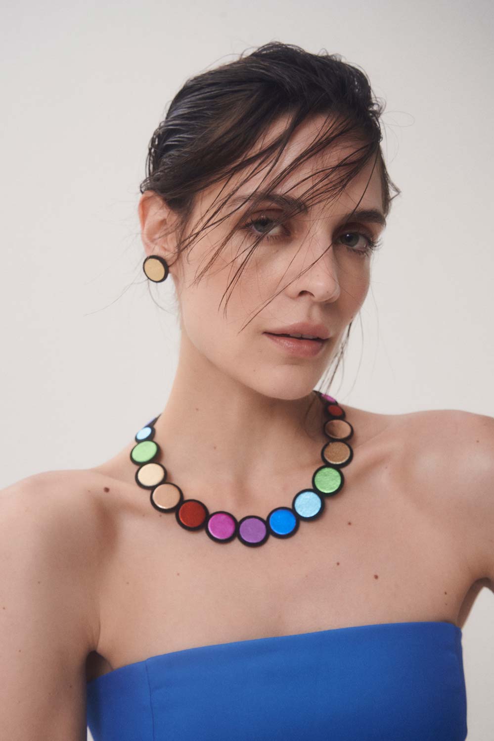 Multicolor leather statement necklace from the Rainbow collection by Iskin Sisters, handmade in Argentina
