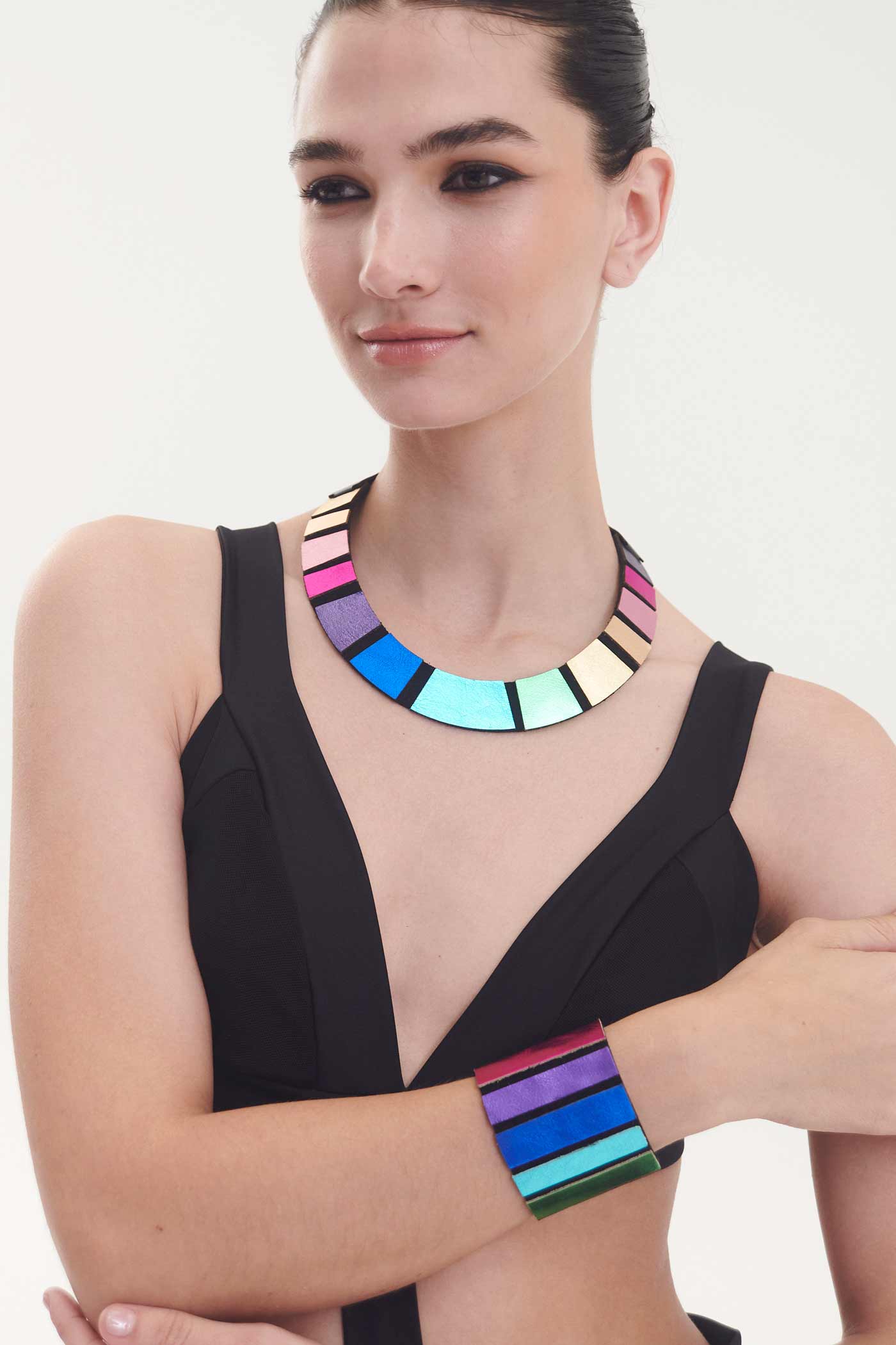 Bold rainbow-colored leather round necklace handmade by Iskin Sisters in Buenos Aires, Argentina