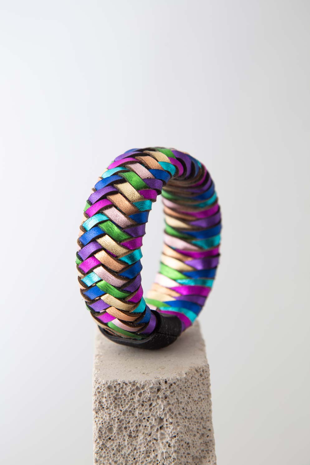 Rainbow Bracelet Woven by Iskin Sisters, hand-woven multicolor hand-cut leather bracelet, Argentina