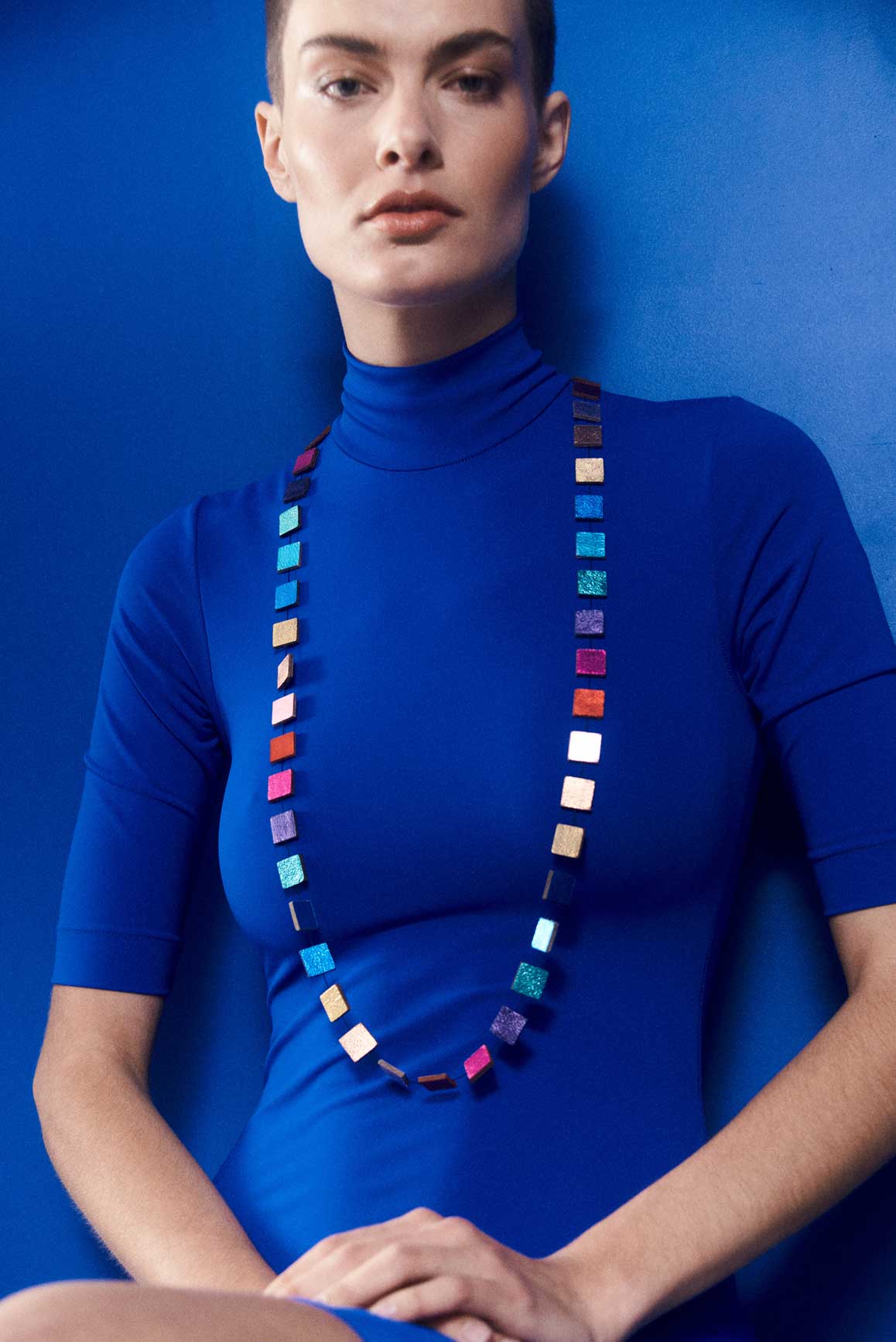 Long multicolor leather square necklace from the Rainbow collection by Iskin Sisters, Argentina