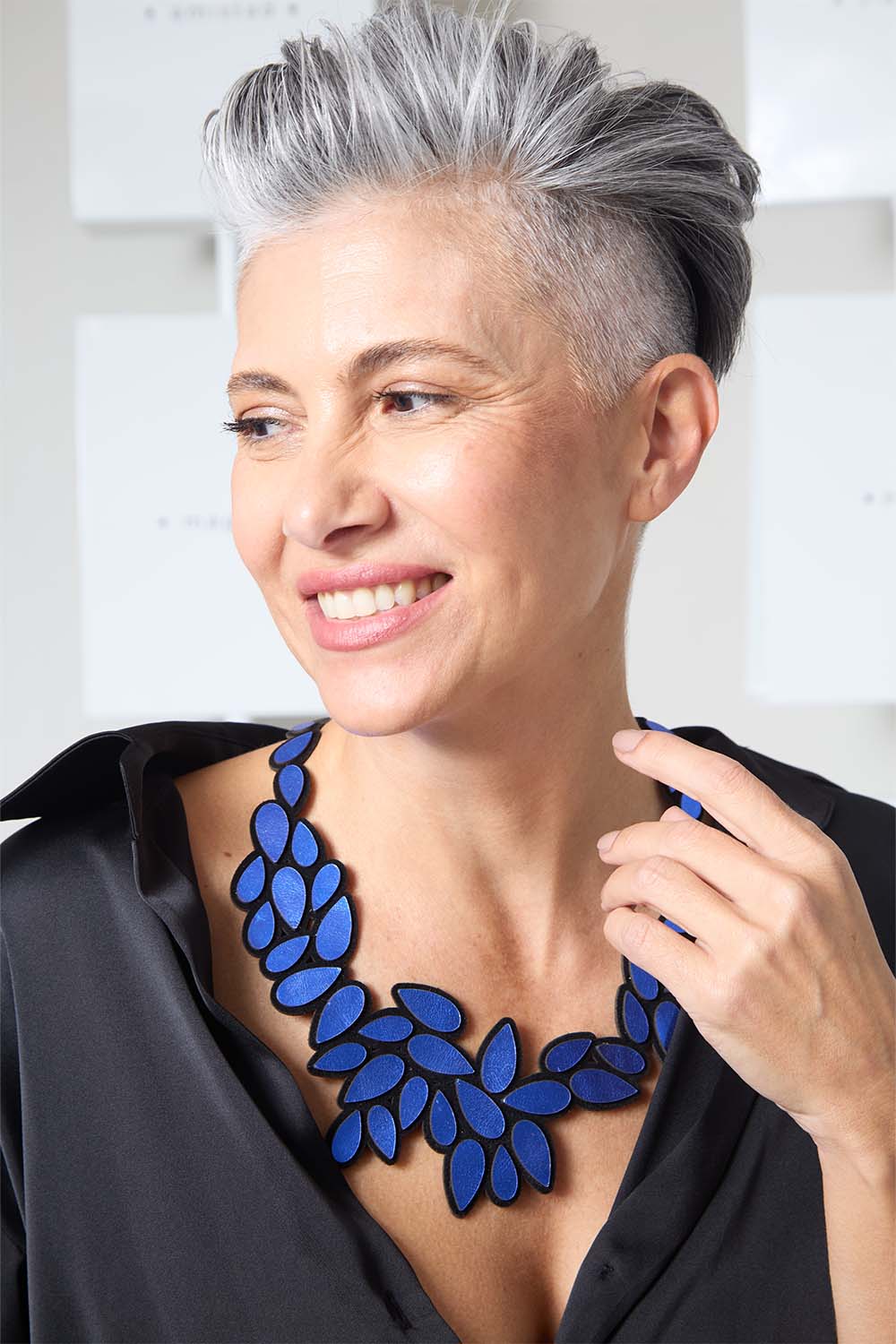 Lightweight blue leather bib necklace, Raindrop collection by Iskin Sisters