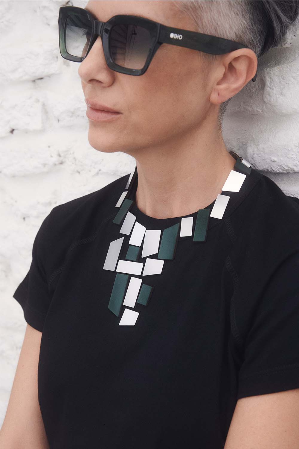 Piet Mondrian inspired colour-block necklace in silver and green, contemporary jewelry