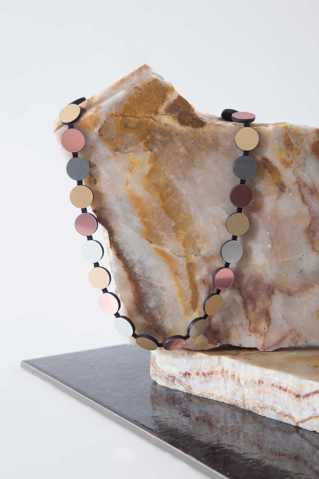Iskin Sisters Abstraction collection single-strand necklace in metallic acrylic and suede, handmade