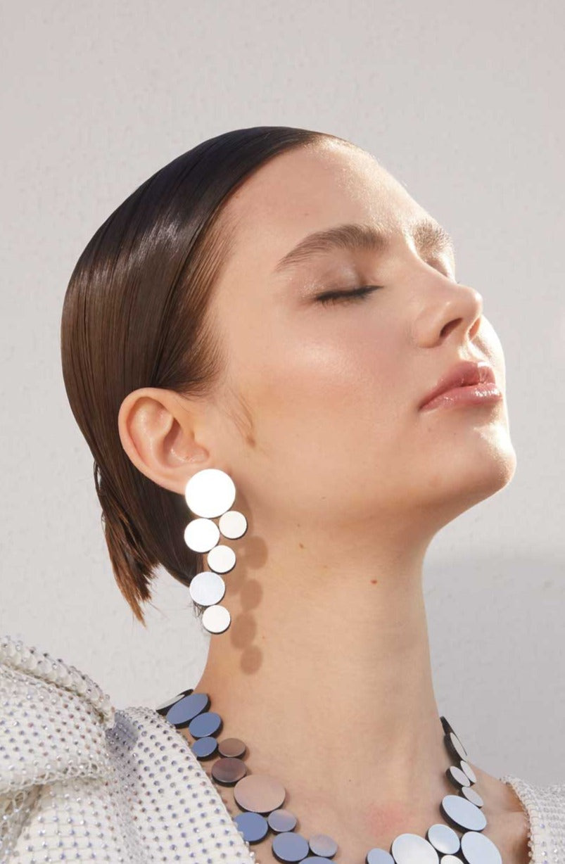 Large silver Abstraction clip-on earrings in mirrored acrylic, handmade contemporary jewelry by Iskin Sisters