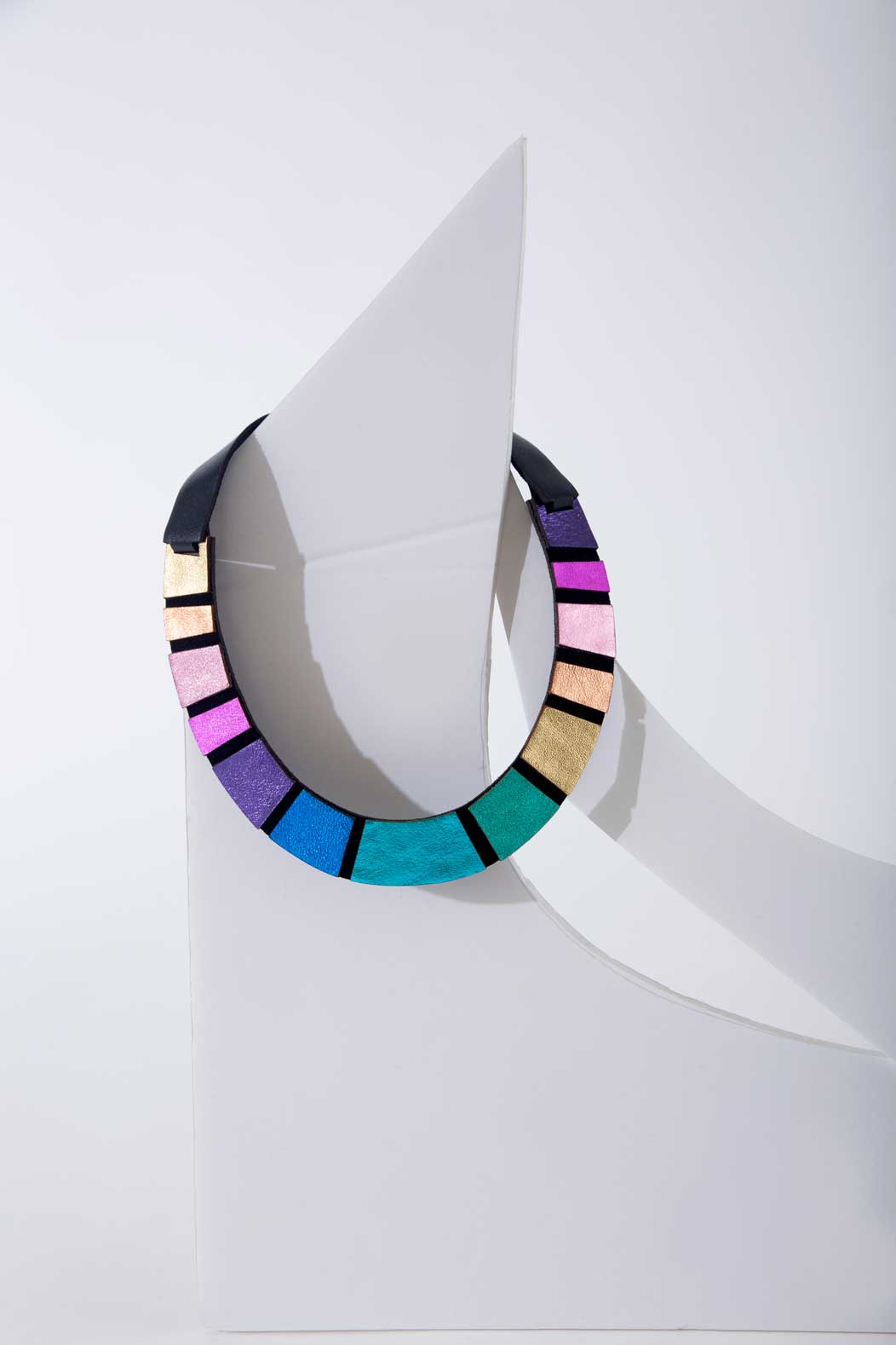 Handmade round leather necklace in rainbow colors with magnetic clasp, Iskin Sisters design