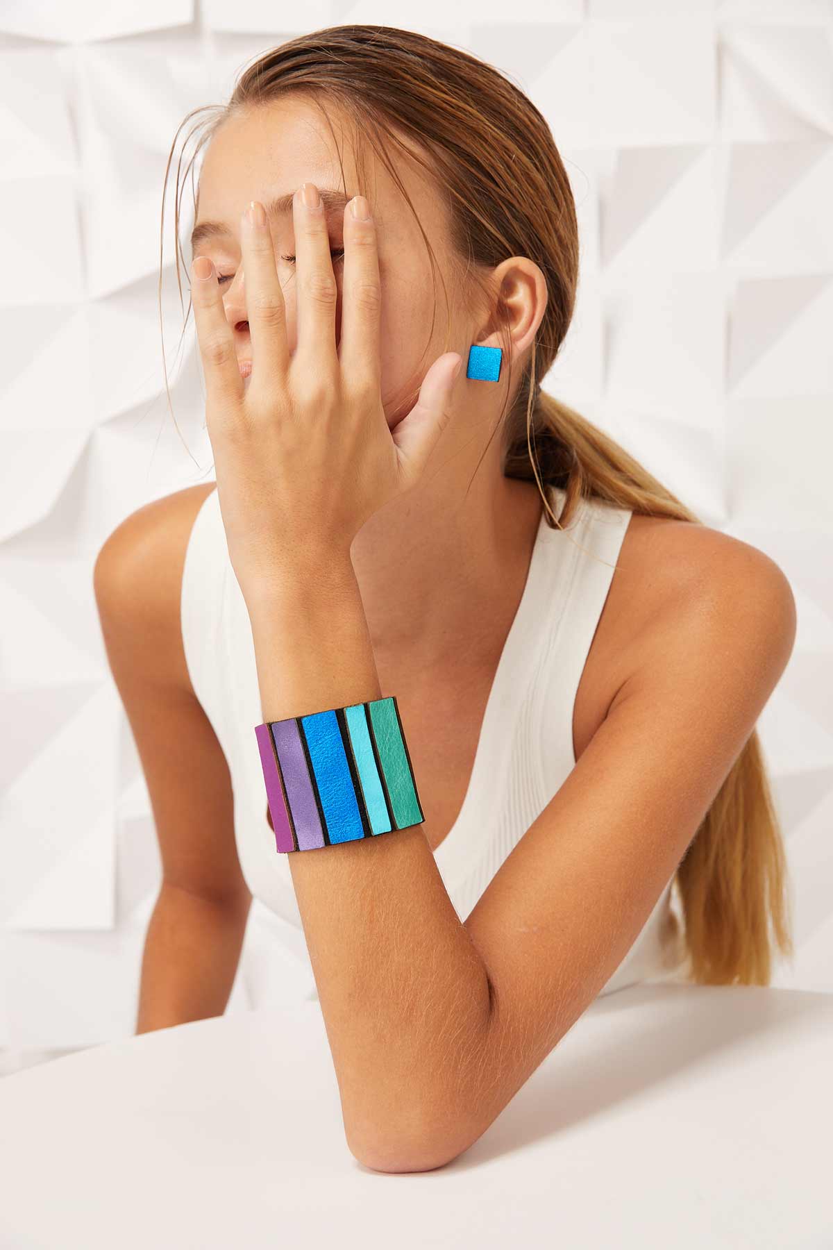 Rainbow collection square earrings in hand-cut leather, handmade contemporary jewelry, Argentina