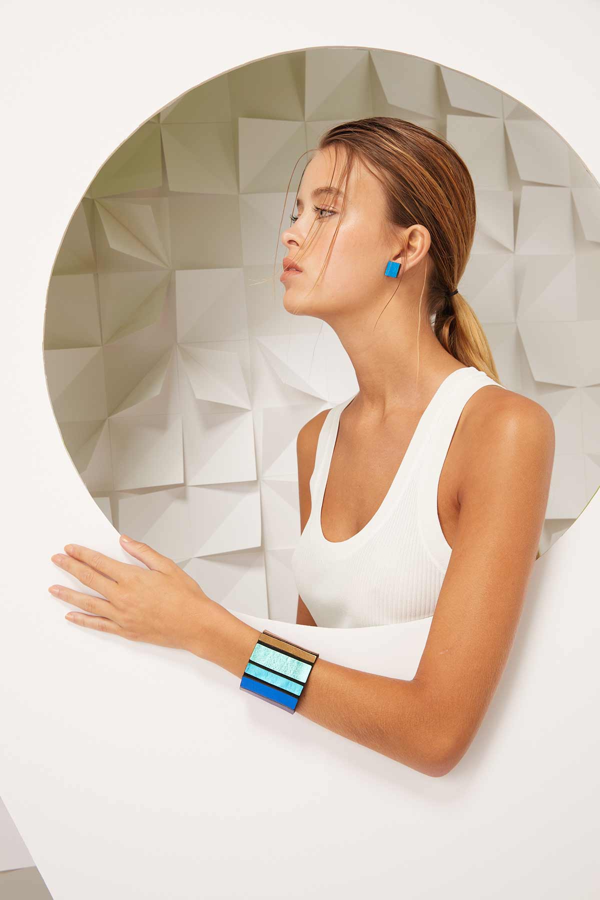 Bold multicolor leather square earrings handcrafted by Iskin Sisters in Argentina from Argentina