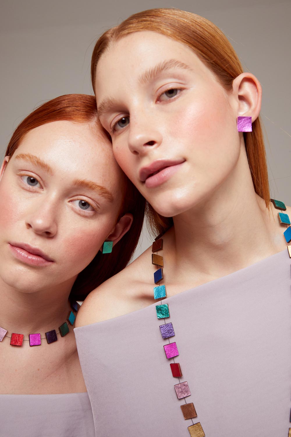 Multicolor leather square statement earrings from the Rainbow collection by Iskin Sisters, Argentina