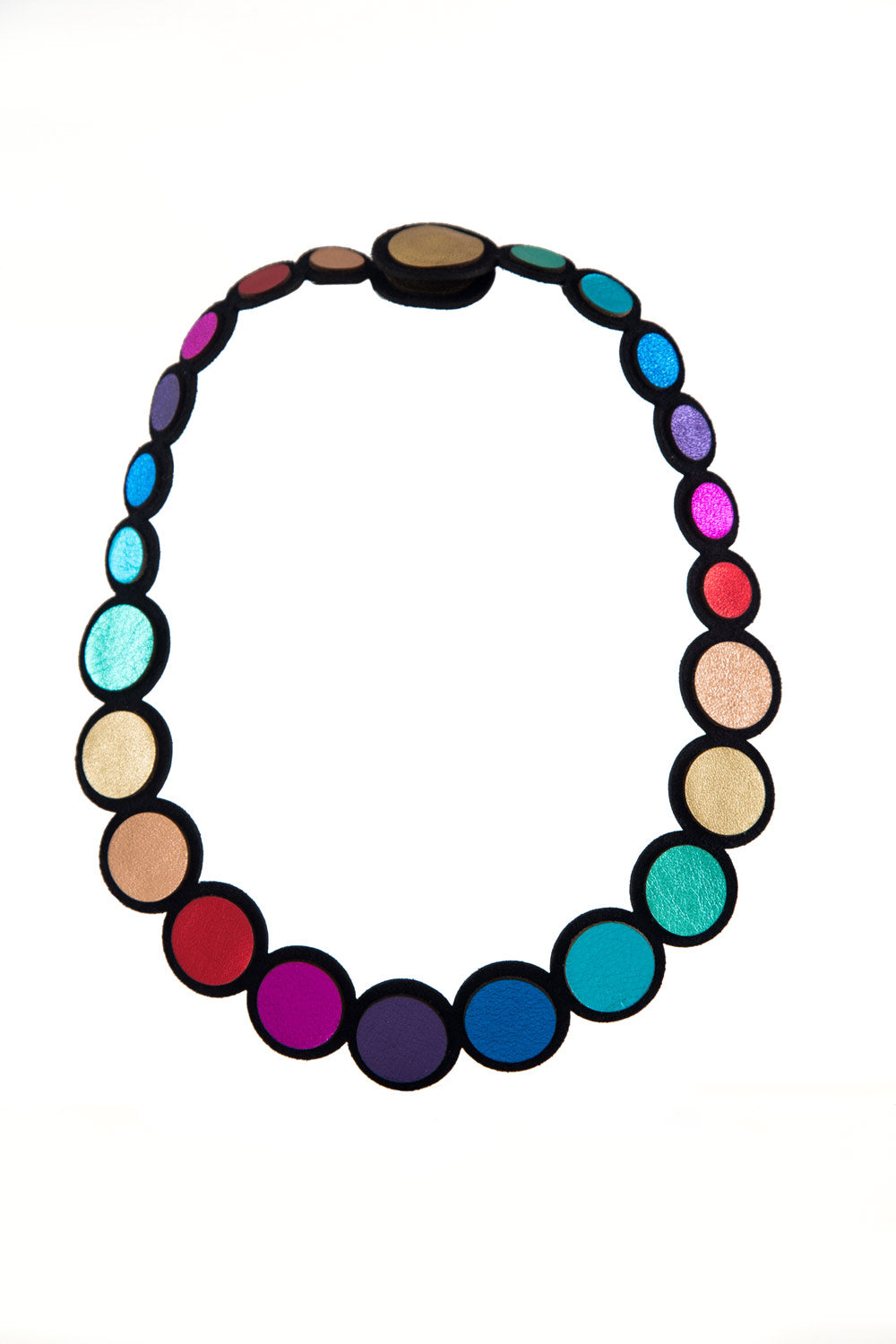Iskin Sisters Rainbow collection: colorful leather bib necklace made by hand in Buenos Aires