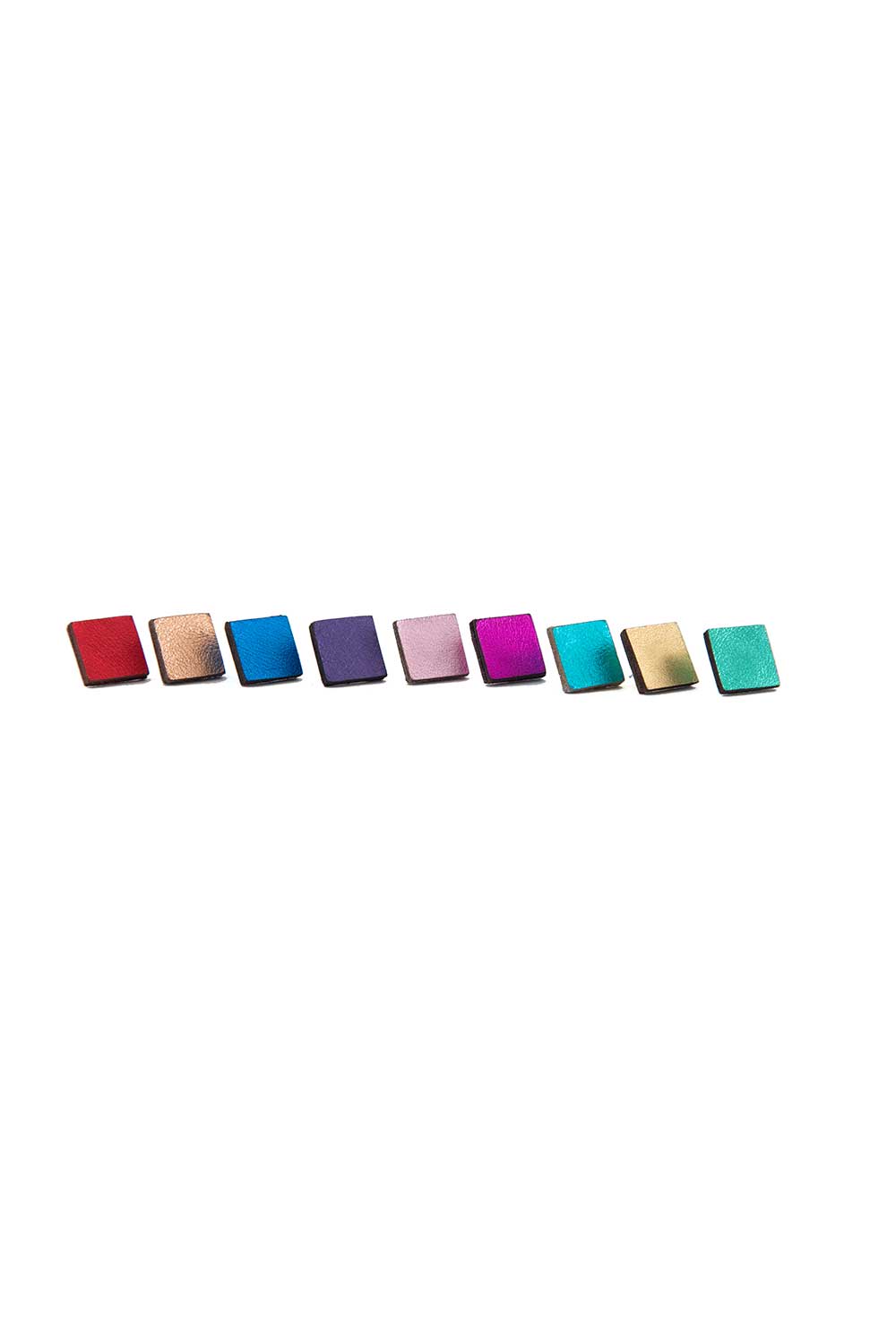 Handmade square leather earrings in rainbow colors, designed by Iskin Sisters in Buenos Aires