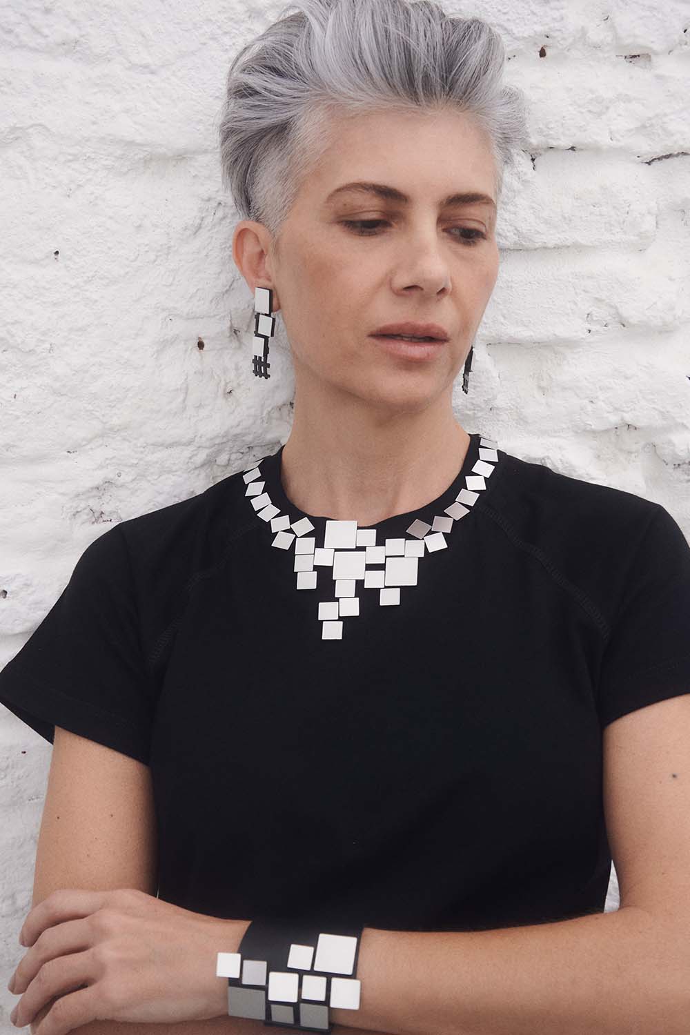 Handmade Bauhaus V necklace in silver metallic acrylic squares, Iskin Sisters design, Argentina