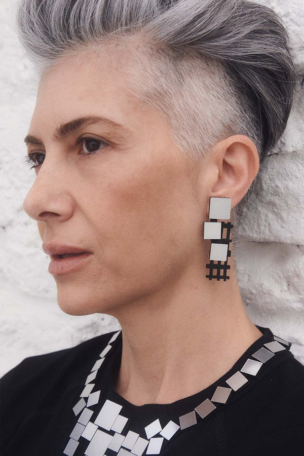 Boucles d'oreilles Bauhaus Grande - Argent, Noir et Or