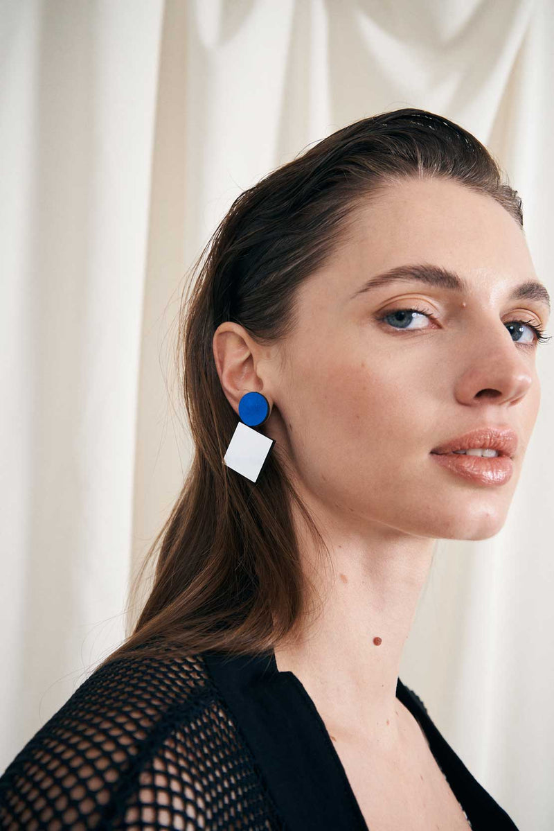 Audrey Ohrringe Kreis Quadrat - Silber+Blau