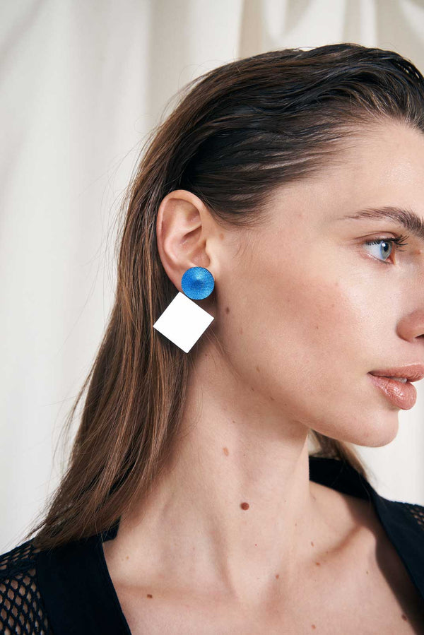 Audrey Ohrringe Kreis Quadrat - Silber+Blau