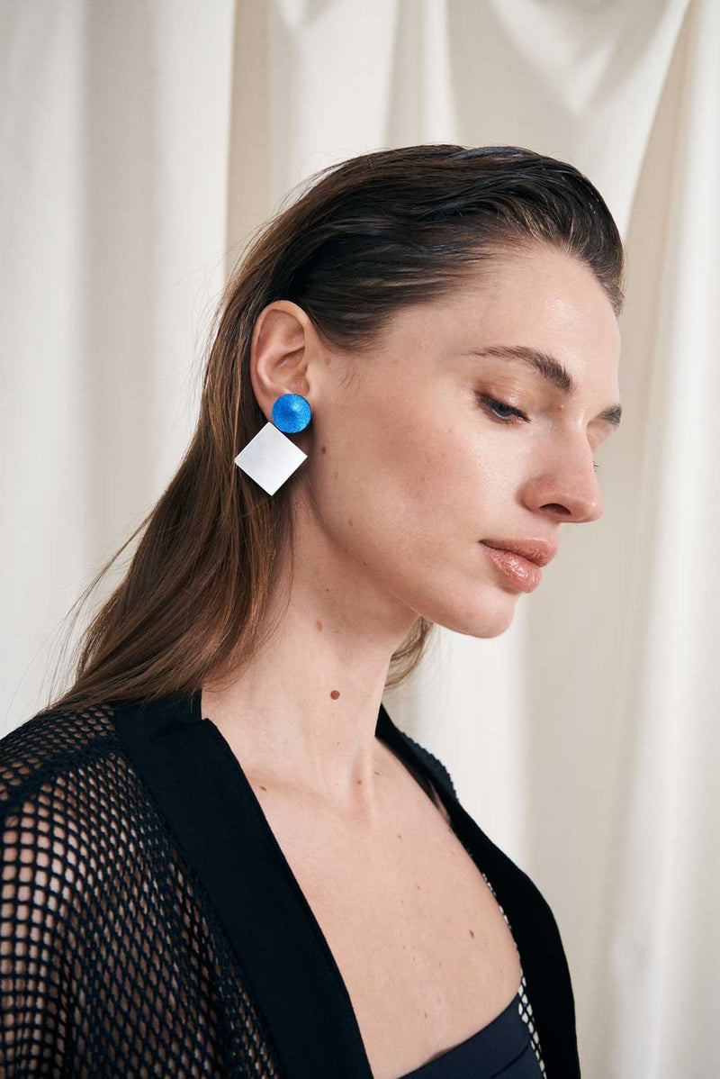 Audrey Ohrringe Kreis Quadrat - Silber+Blau