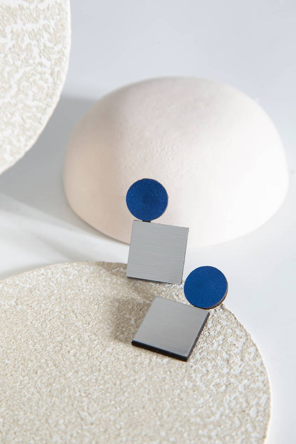 Audrey Ohrringe Kreis Quadrat - Silber+Blau