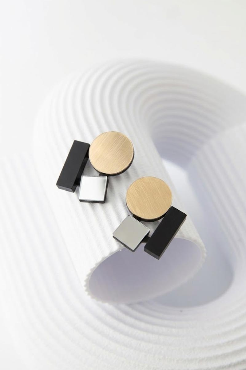 Bauhaus clip-on earrings in silver, black and gold, lightweight and easy to wear