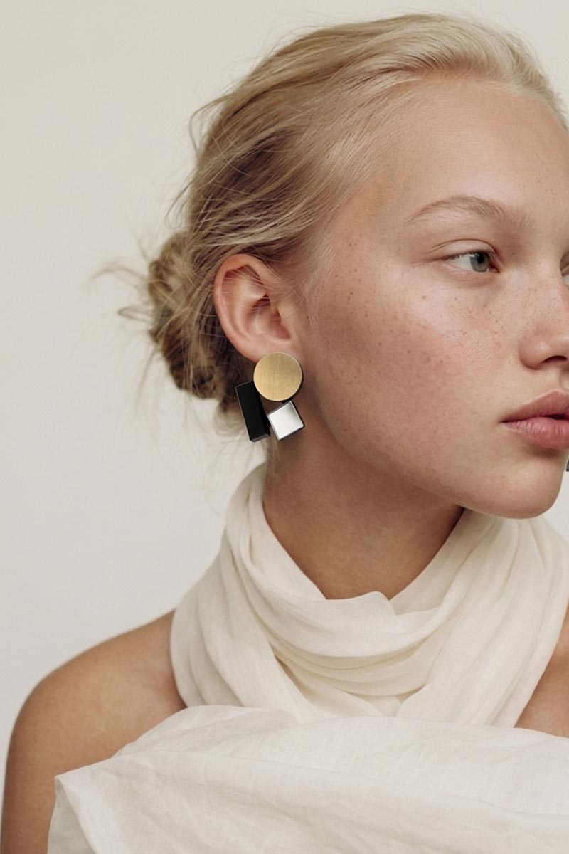 Handmade Bauhaus square clip-on earrings in metallic acrylic, Iskin Sisters