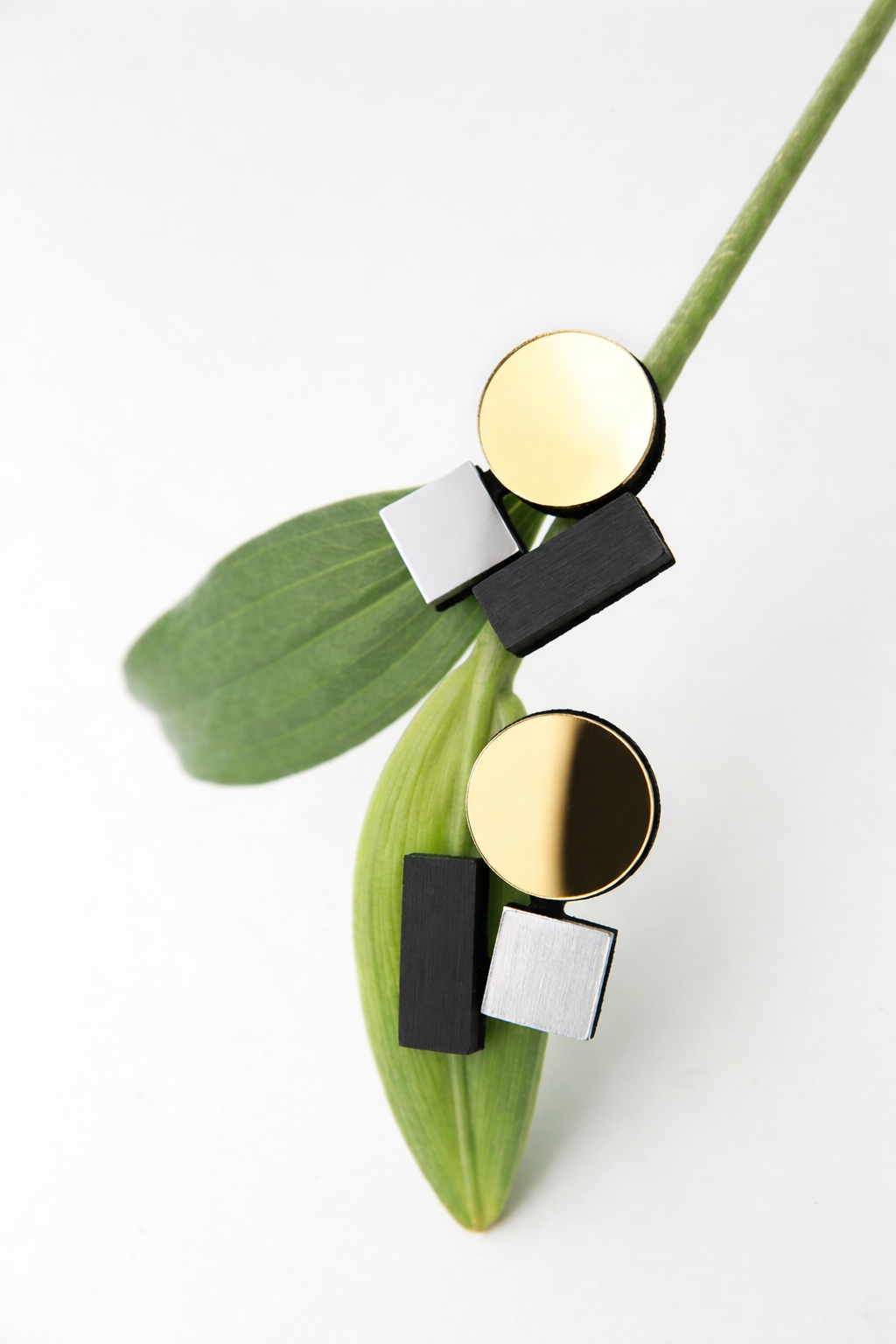 Bauhaus small clip-on earrings in silver, black and gold acrylic squares by Iskin Sisters