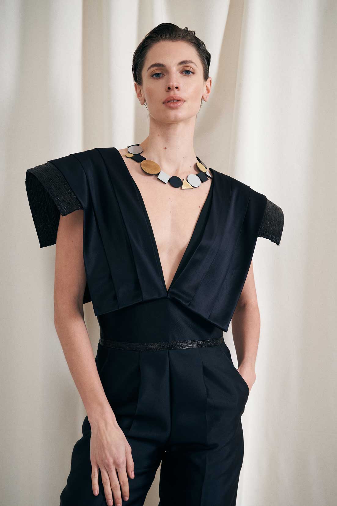Handmade geometric necklace in silver, black and gold acrylic, Iskin Sisters contemporary design