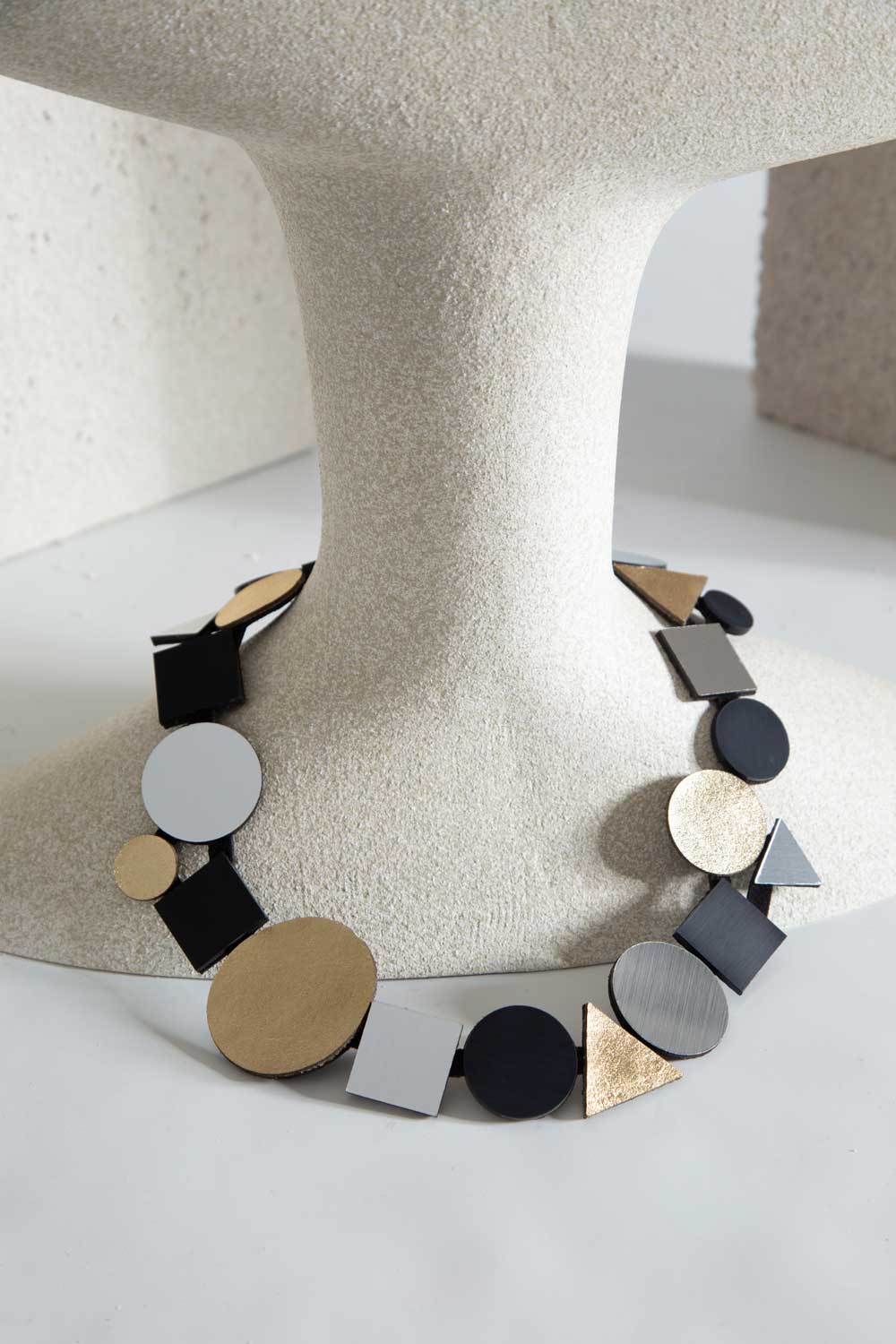 Iskin Sisters Bauhaus collection geometric bib necklace in metallic acrylic, handmade jewelry