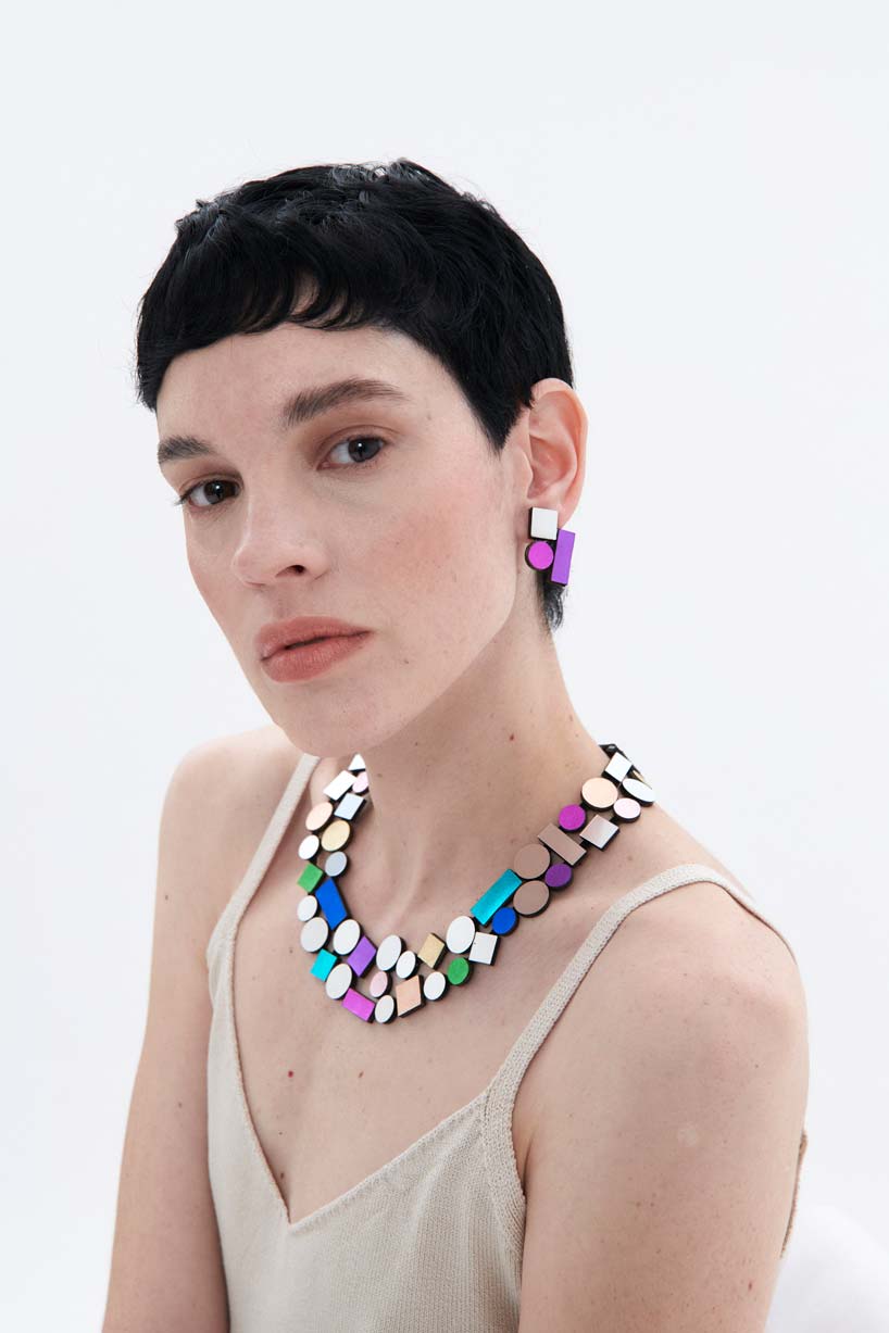 Silver and rainbow two-layer acrylic round necklace from the Bauhaus collection by Iskin Sisters