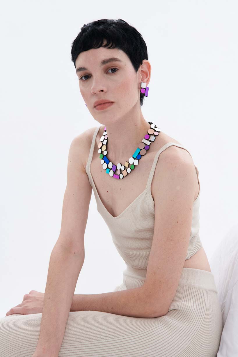 Contemporary double layer bib necklace in silver and multicolor acrylic by Iskin Sisters, Argentina