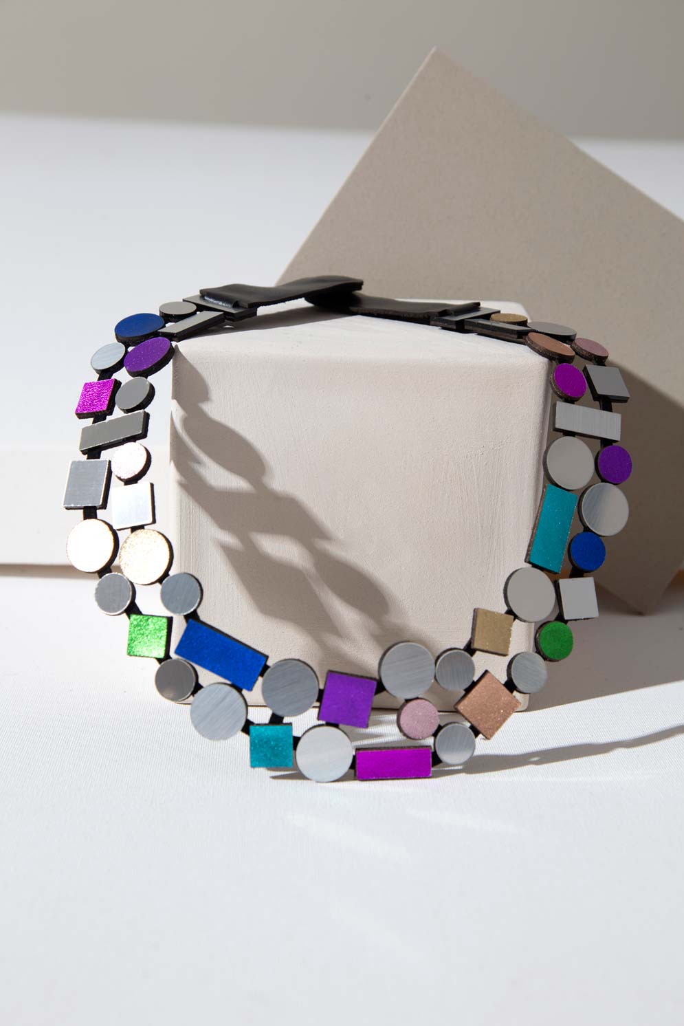 Bauhaus Round Necklace Double Layer by Iskin Sisters in silver and rainbow acrylic with suede