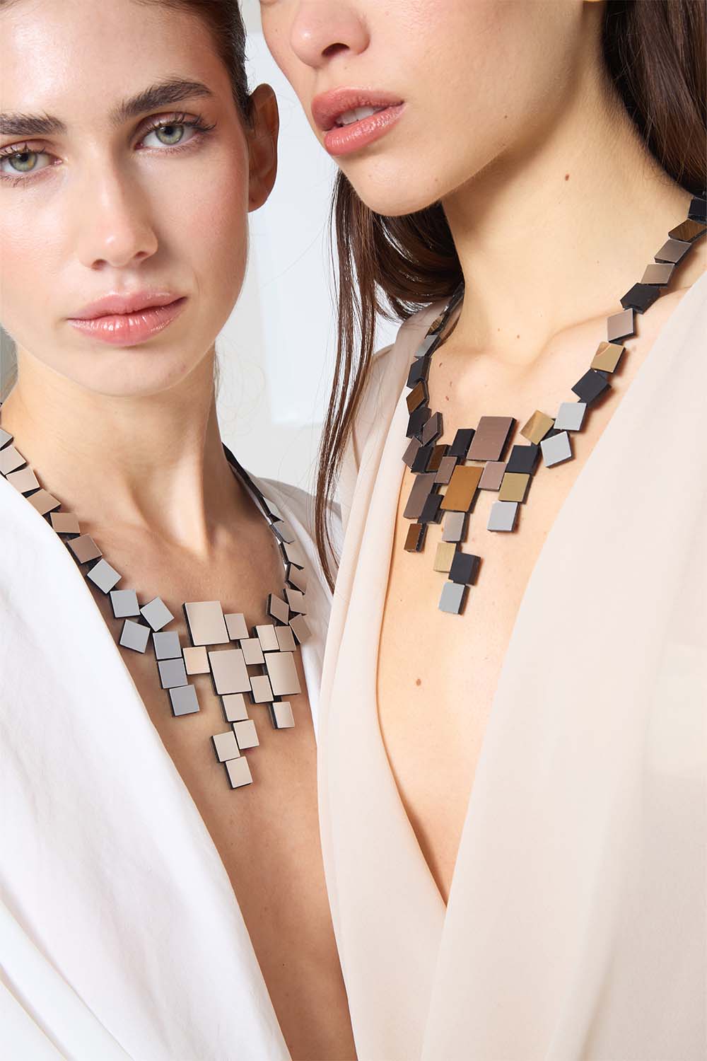 Iskin Sisters Bauhaus collection V-shaped bib necklace with acrylic squares, handmade jewelry