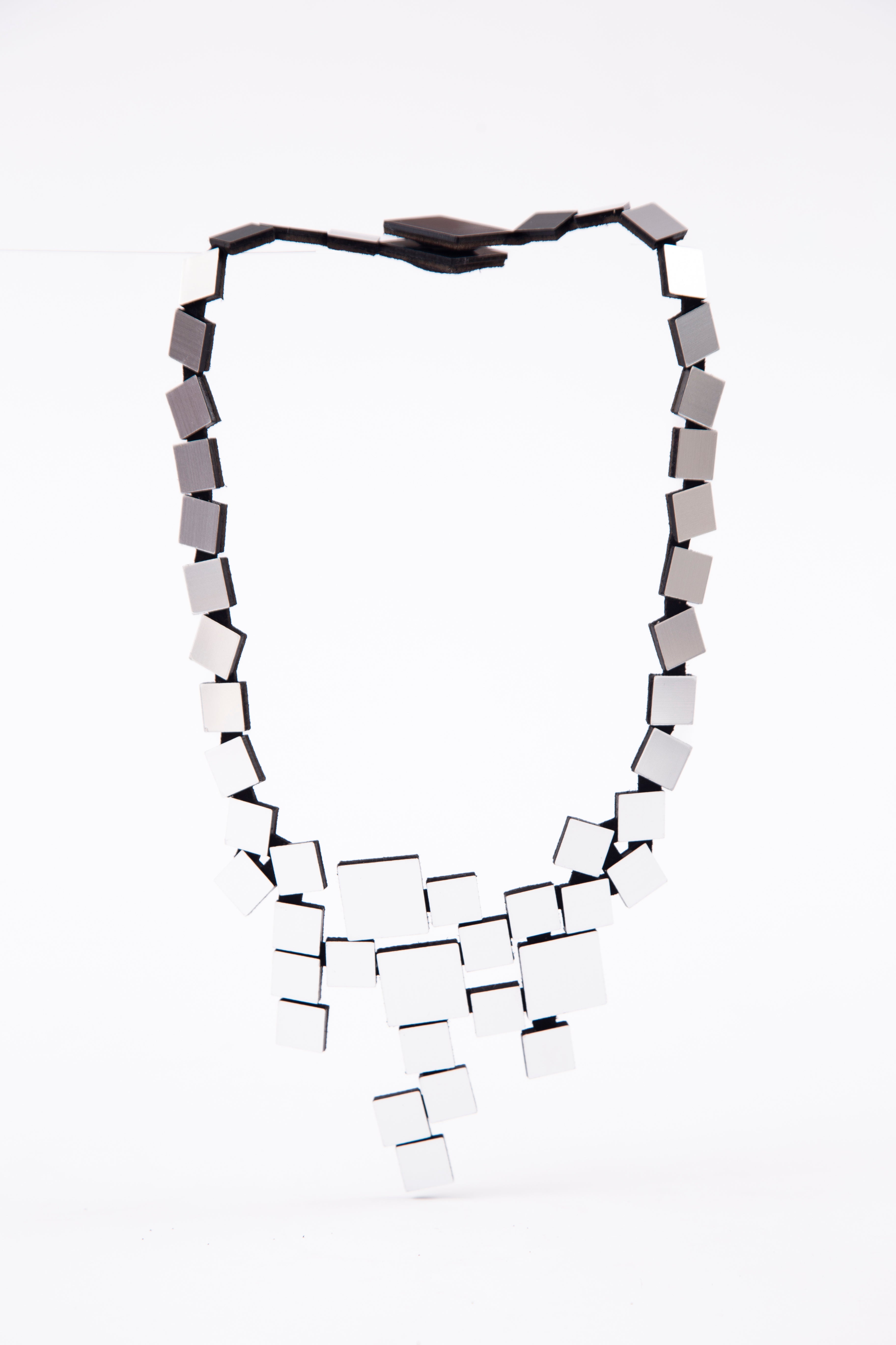 Iskin Sisters Bauhaus collection V-shaped necklace with silver acrylic squares, handmade jewelry