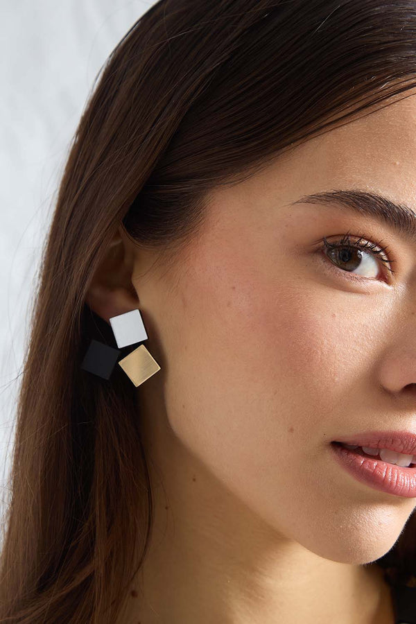 Boucles d'oreilles Bauhaus Petites - Argent, Noir et Or